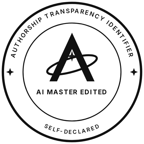 AI Master Edited, circular badge, black, one colour – Authorship Transparency Identifier mark